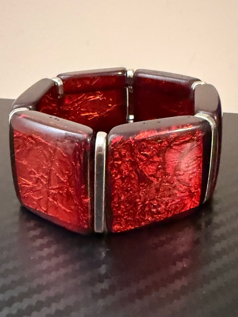 vintage red Lucite foil panel bracelet